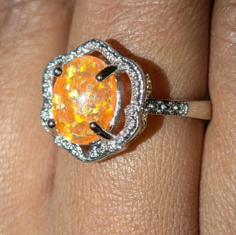 925 Sterling Silver Ring Oval Fire  orange Opal Sapphire Gemstone Jewelry Size 7